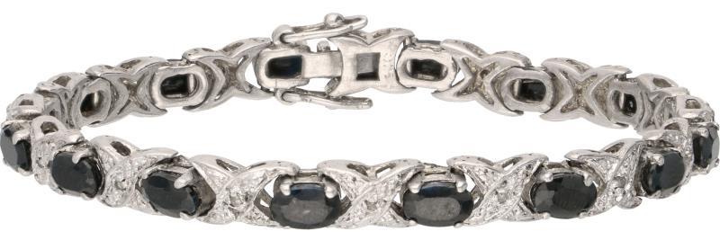 Armband zilver, ca. 0.08 ct. diamant en saffier - BWG.