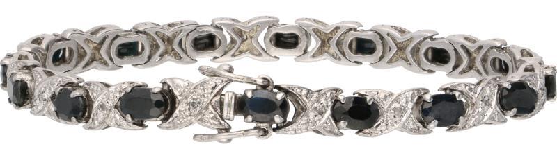 Armband zilver, ca. 0.08 ct. diamant en saffier - BWG.