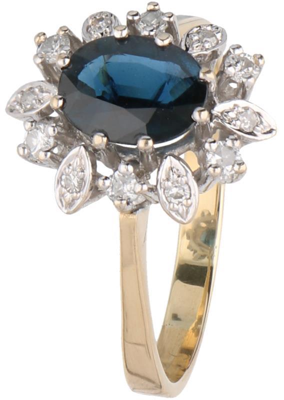 Rozetring geelgoud, ca. 0.25 ct. diamant en saffier - 18 kt.