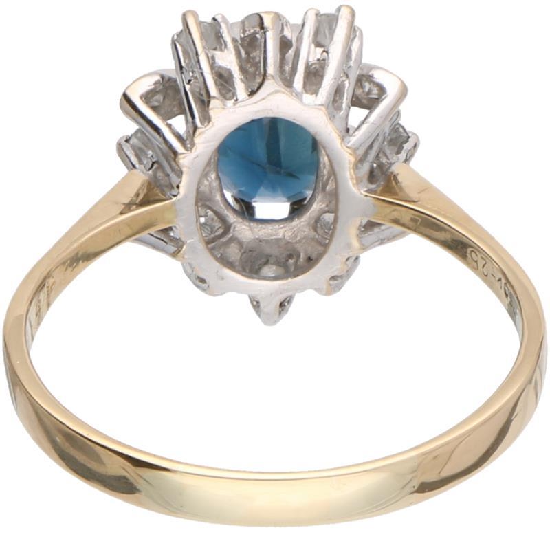 Rozetring geelgoud, ca. 0.25 ct. diamant en saffier - 18 kt.