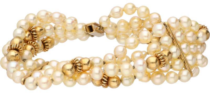 Armband met geelgouden sluiting en tussenstukken, cultivé parel - 18 kt.