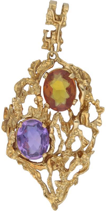 Design hanger geelgoud, oranje en paarse saffier - 18 kt.