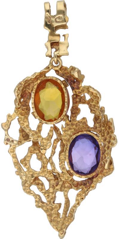 Design hanger geelgoud, oranje en paarse saffier - 18 kt.