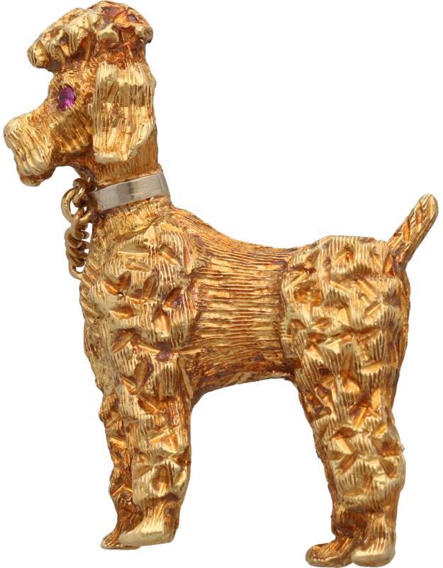 Broche poedel bicolor goud, robijn - 18 kt.