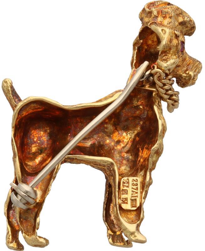Broche poedel bicolor goud, robijn - 18 kt.