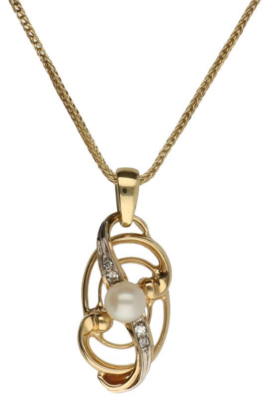 Collier met hanger geelgoud, ca. 0.032 ct. diamant en cultivé parel - 14 kt.