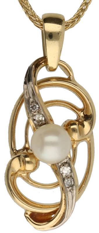 Collier met hanger geelgoud, ca. 0.032 ct. diamant en cultivé parel - 14 kt.