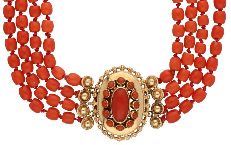 Collier met een geelgouden sluiting, bloedkoraal - 14 kt.