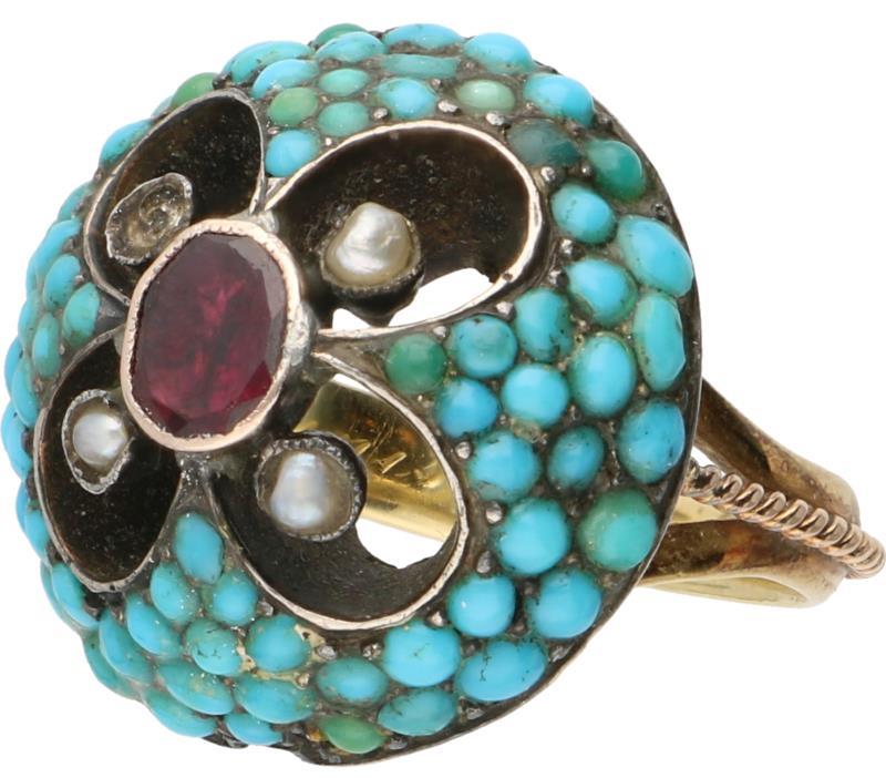 Victoriaanse ring geelgoud, roze toermalijn, turkoois en parel - 18 kt.