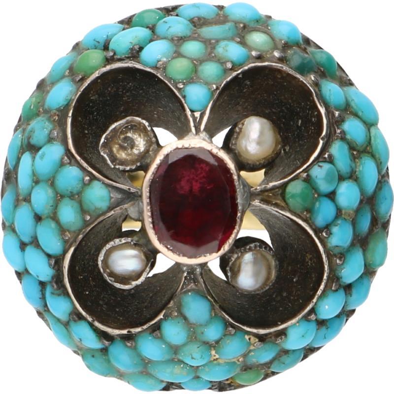 Victoriaanse ring geelgoud, roze toermalijn, turkoois en parel - 18 kt.