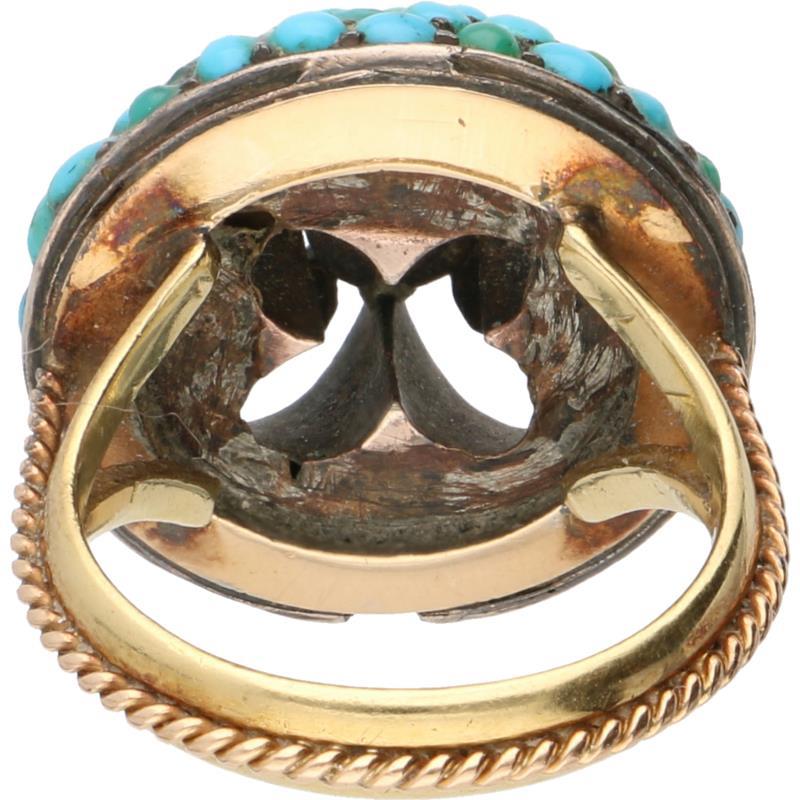 Victoriaanse ring geelgoud, roze toermalijn, turkoois en parel - 18 kt.