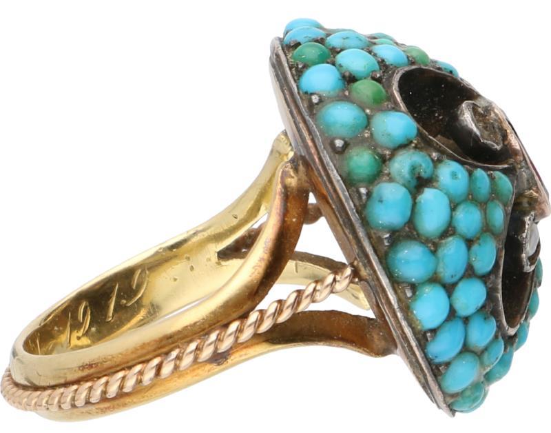 Victoriaanse ring geelgoud, roze toermalijn, turkoois en parel - 18 kt.