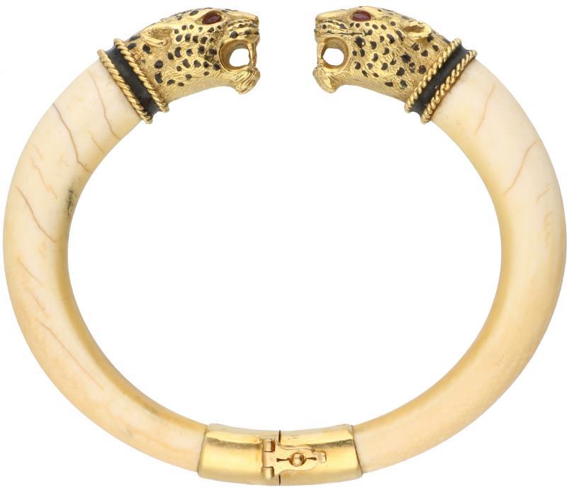 Bangle armband geelgoud, ivoor, robijn en zwart geëmailleerd - 18 kt.