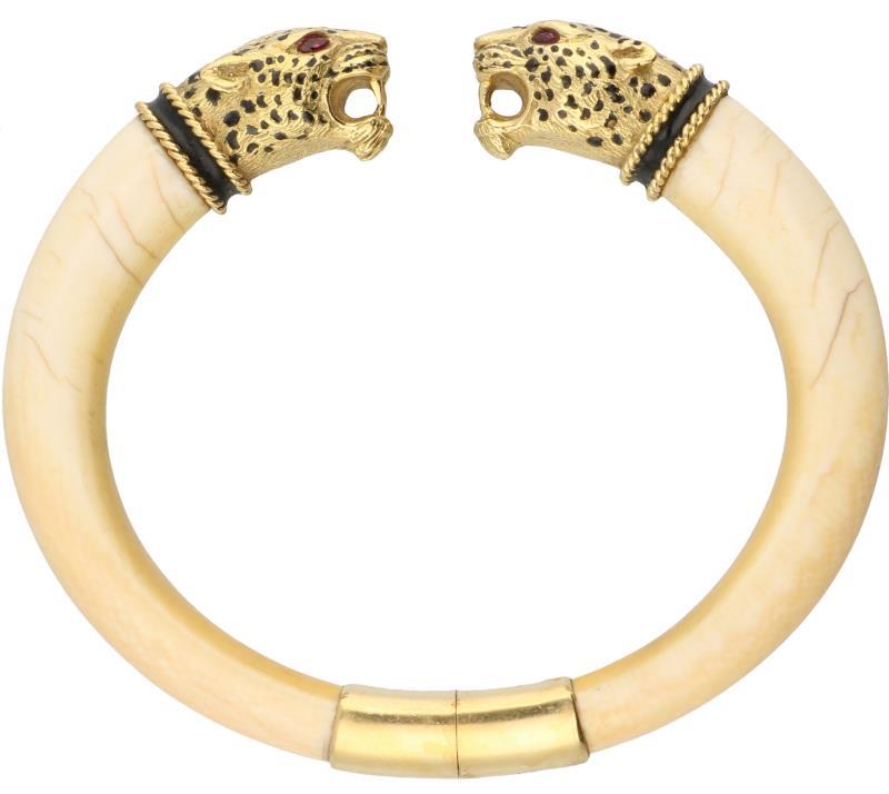 Bangle armband geelgoud, ivoor, robijn en zwart geëmailleerd - 18 kt.