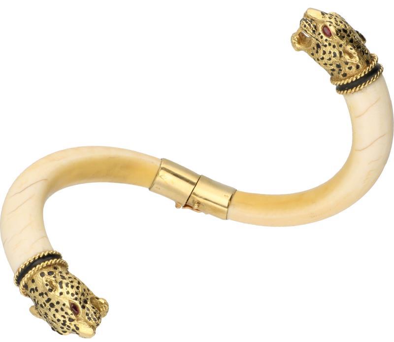 Bangle armband geelgoud, ivoor, robijn en zwart geëmailleerd - 18 kt.