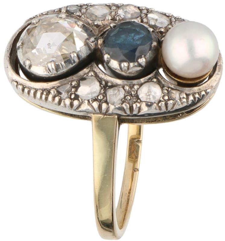 Ring geelgoud, diamant, saffier en parel - 14 kt. en 925/1000.