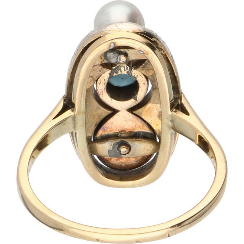 Ring geelgoud, diamant, saffier en parel - 14 kt. en 925/1000.