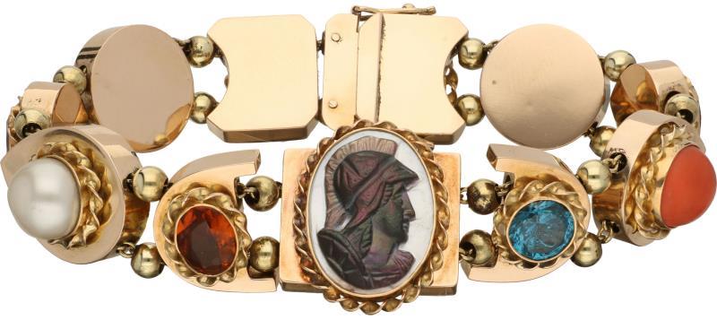 Armband geelgoud, diverse edelstenen waaronder robijn, citrien, amethist, turkoois, granaat, bloedkoraal, parel en parelmoer cameé - 14 kt.