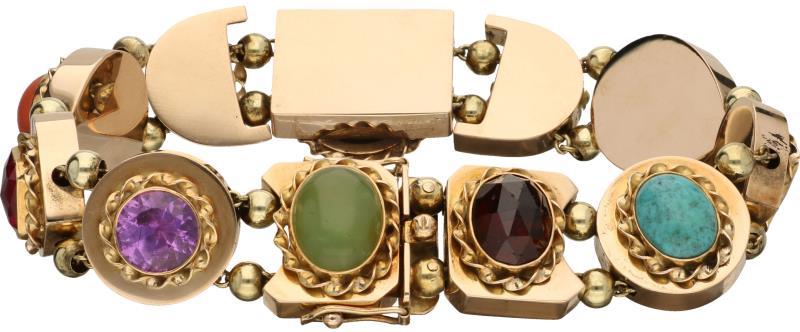 Armband geelgoud, diverse edelstenen waaronder robijn, citrien, amethist, turkoois, granaat, bloedkoraal, parel en parelmoer cameé - 14 kt.