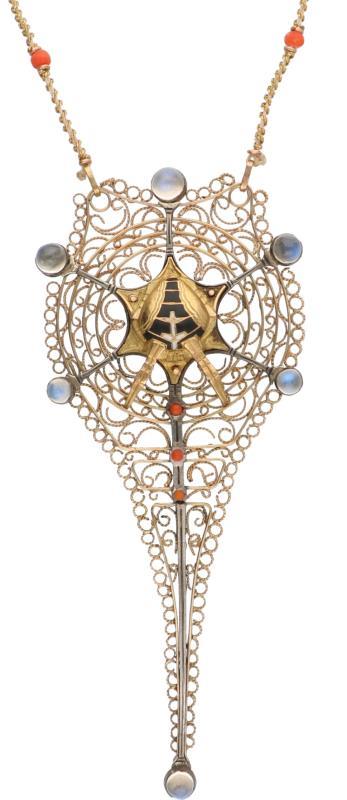 Filigrain collier goud/zilver, bloedkoraal, maansteen en zwart geëmailleerd - 14 kt. en 835/1000.