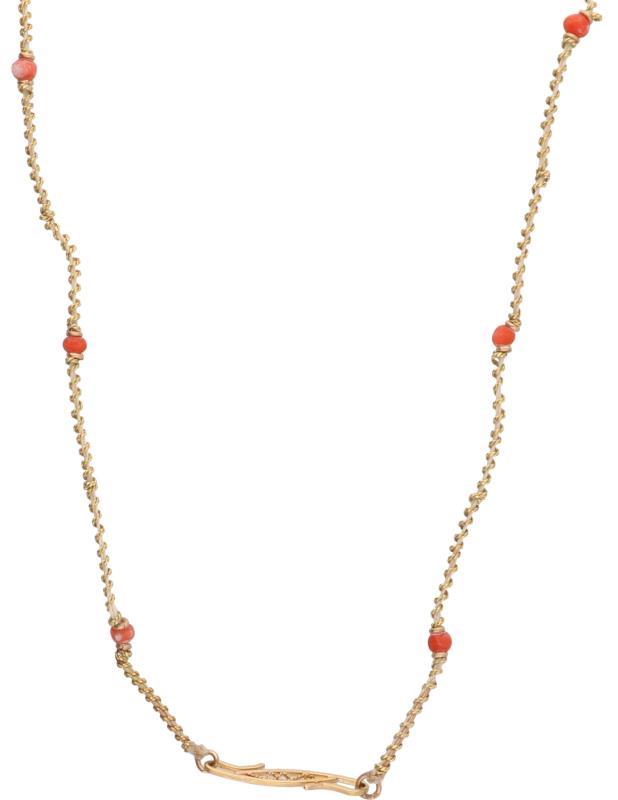 Filigrain collier goud/zilver, bloedkoraal, maansteen en zwart geëmailleerd - 14 kt. en 835/1000.