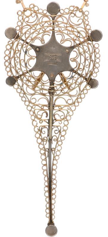 Filigrain collier goud/zilver, bloedkoraal, maansteen en zwart geëmailleerd - 14 kt. en 835/1000.