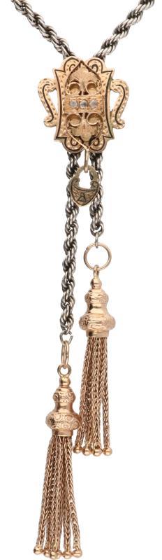 Collier goud/zilver, diamant - 14 kt. en 835/1000.