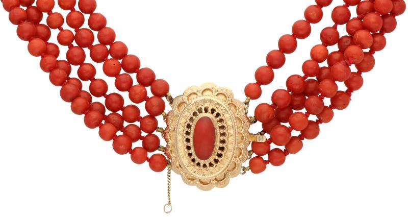 Collier met grote geelgouden sluiting, bloedkoraal - 14 kt.