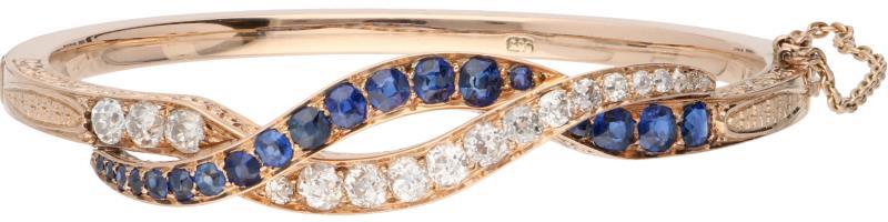 Slavenarmband roségoud, ca. 1.16 ct. diamant en saffier - 14 kt.