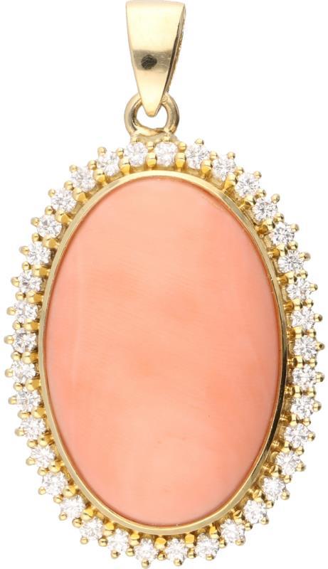 Hanger geelgoud, ca. 0.74 ct. diamant en peau d'ange koraal - 14 kt.