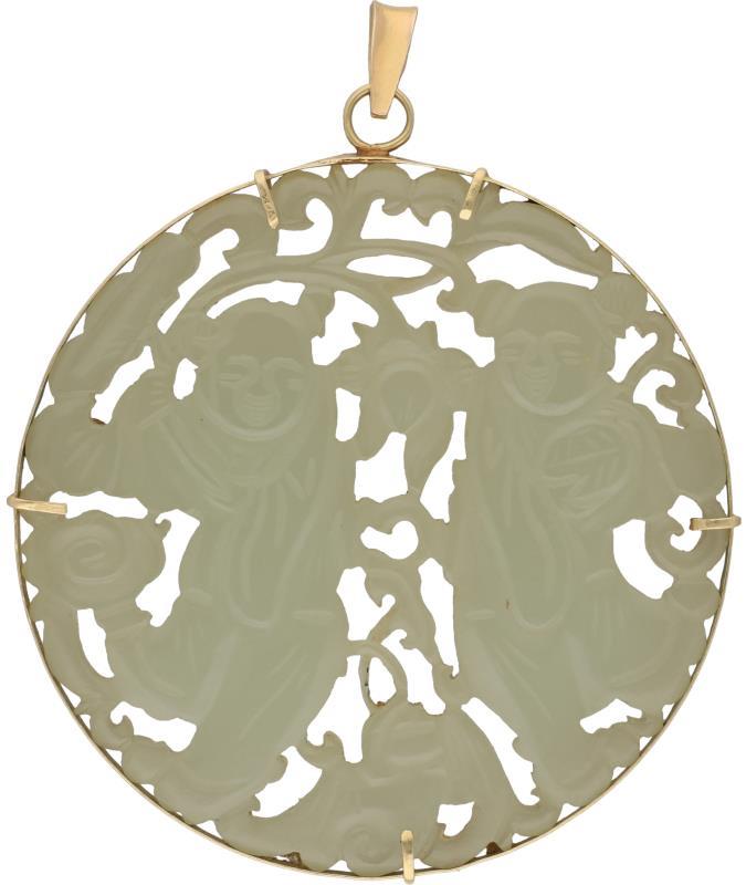 Hanger geelgoud, gesneden jade - 14 kt.