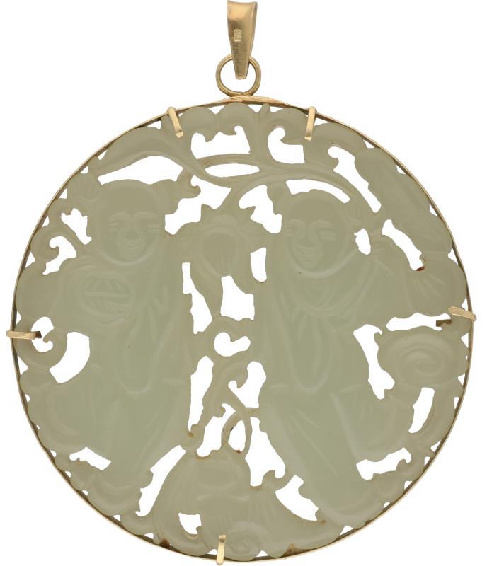 Hanger geelgoud, gesneden jade - 14 kt.