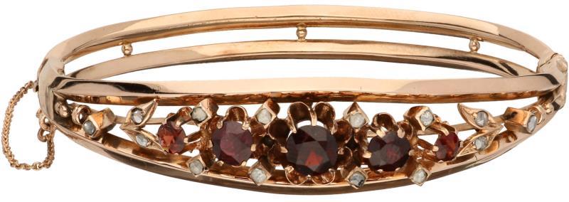 Slavenarmband roségoud, diamant en granaat - 14 kt.
