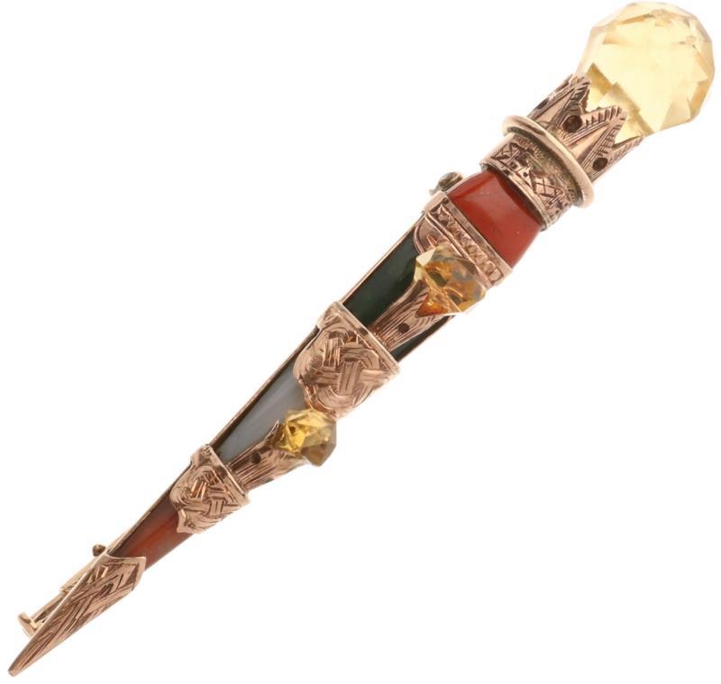 Broche roségoud, diverse edelstenen waaronder jaspis, agaat, carneool en citrien - BWG 9 kt.