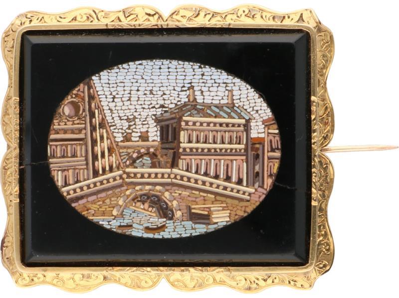 Broche geelgoud, micro mozaïek ingelegd in onyx - 14 kt.