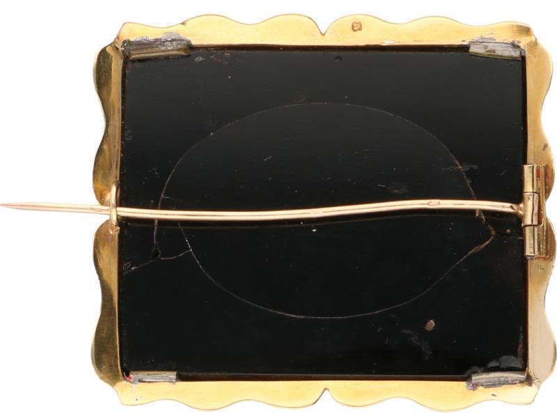 Broche geelgoud, micro mozaïek ingelegd in onyx - 14 kt.