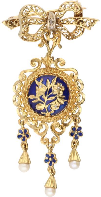 Broche geelgoud, diamant, cultivé parel en blauw geëmailleerd - 18 kt.