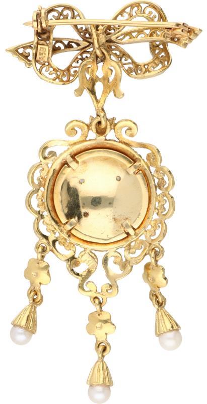 Broche geelgoud, diamant, cultivé parel en blauw geëmailleerd - 18 kt.