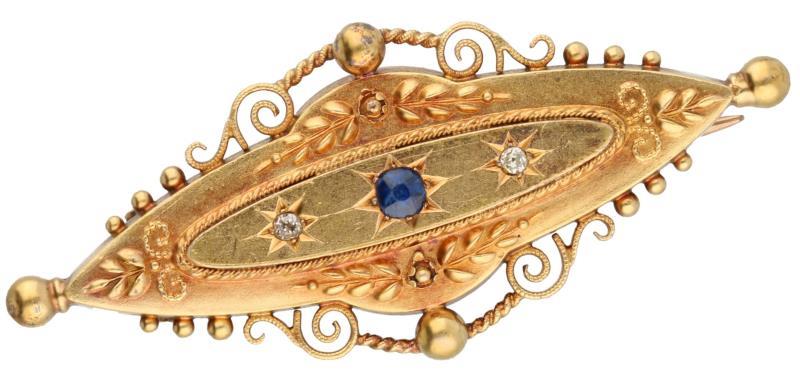 Broche geelgoud, ca. 0.02 ct. diamant en saffier - 14 kt.