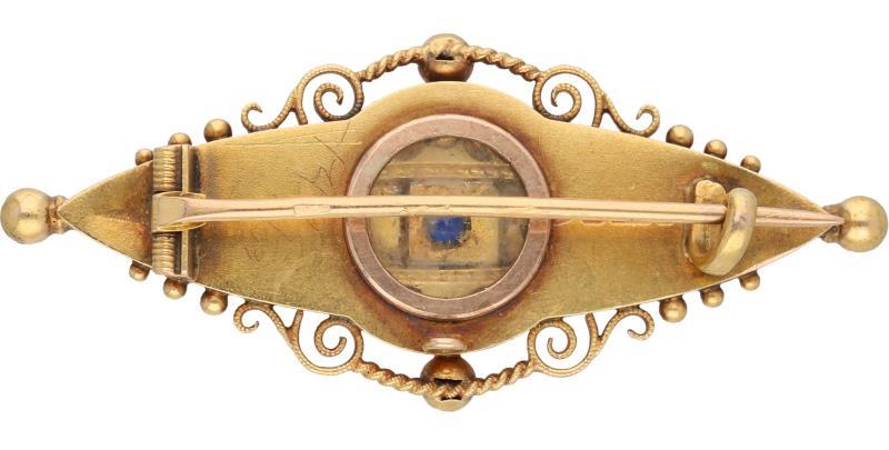 Broche geelgoud, ca. 0.02 ct. diamant en saffier - 14 kt.
