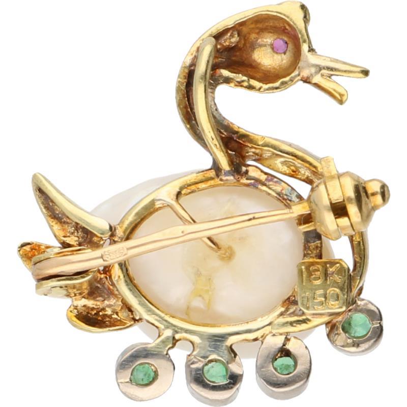 Hanger/broche zwaan geelgoud, smaragd in witgouden zetting, robijn en parel - 14 kt.