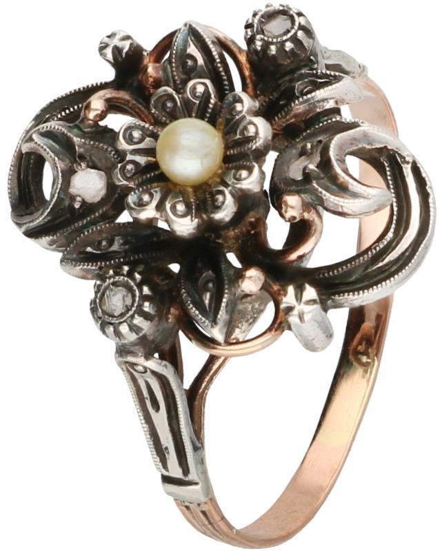 Ring goud/zilver, diamant en zaadparel - 18 kt.