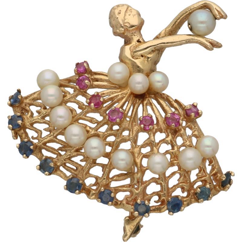 Broche ballerina geelgoud, saffier, robijn en cultivé parel - BWG 10 kt.