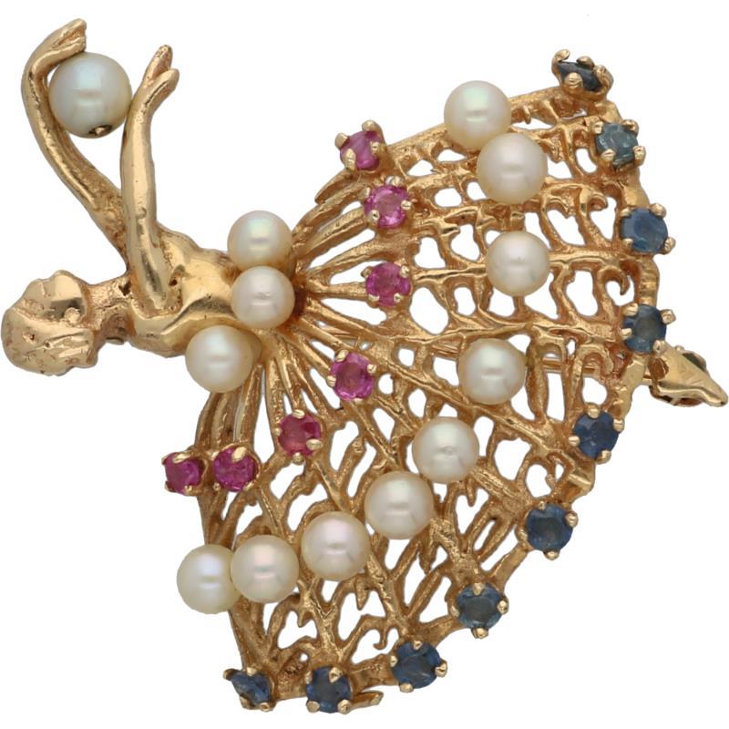 Broche ballerina geelgoud, saffier, robijn en cultivé parel - BWG 10 kt.