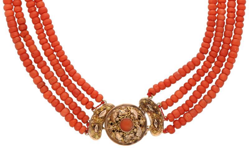 Collier met filigrain bewerkte bicolor gouden sluiting, bloedkoraal - 14 kt.
