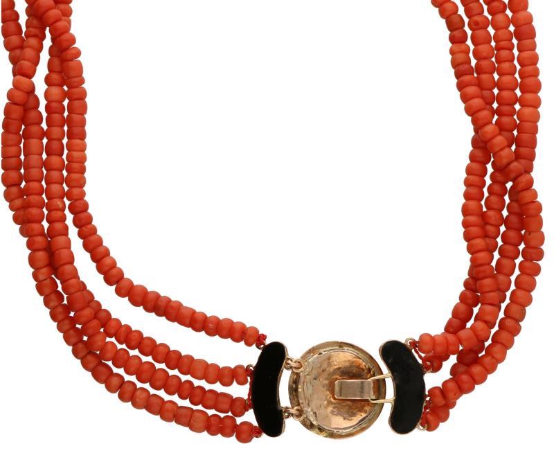 Collier met filigrain bewerkte bicolor gouden sluiting, bloedkoraal - 14 kt.