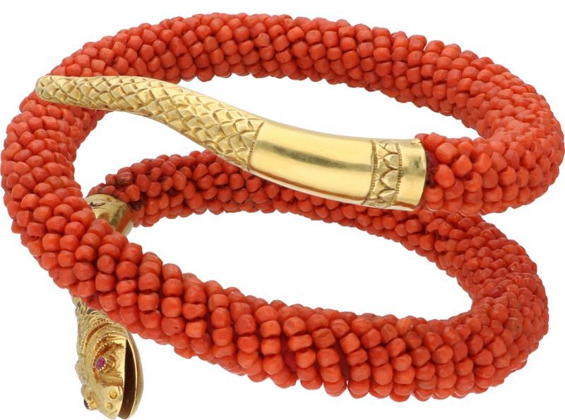 Bangle armband slang geelgoud, bloedkoraal en robijn - 18 kt.