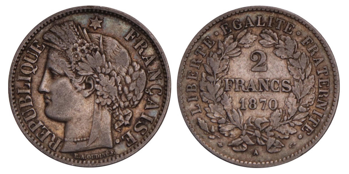 France. Third Republic. 2 Francs. 1870 A. VF +.