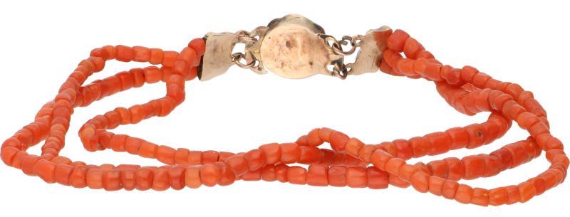 Lot armband en broche roségoud, bloedkoraal - 14 kt.