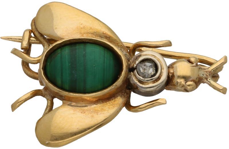 Broche wesp geelgoud, diamant en malachiet - 14 kt.